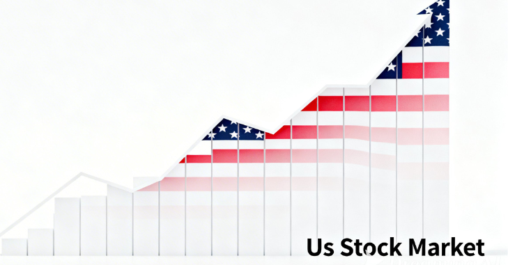 US stock market concept with index charts and ticker data